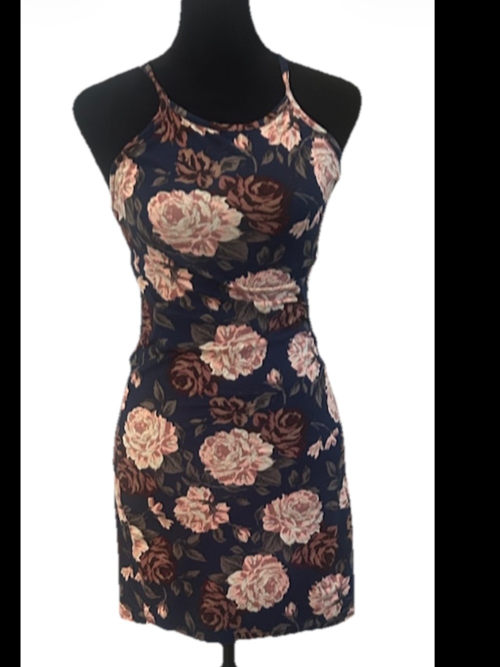 Beware Navy Pink Floral Knit Halter Stretch Bodycon Mini Dress Junior-S